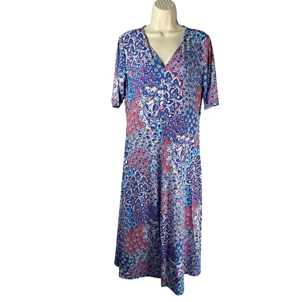 Chaus Dress L Abstract Floral Print Jersey Maxi V-neck Bright Preppy Travel Knit